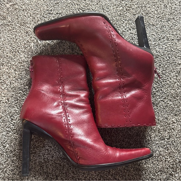 Hillary And Hanson Square Toe Leather Upper Burgundy Chunky Heel Ankle Boot 8M - Picture 4 of 11